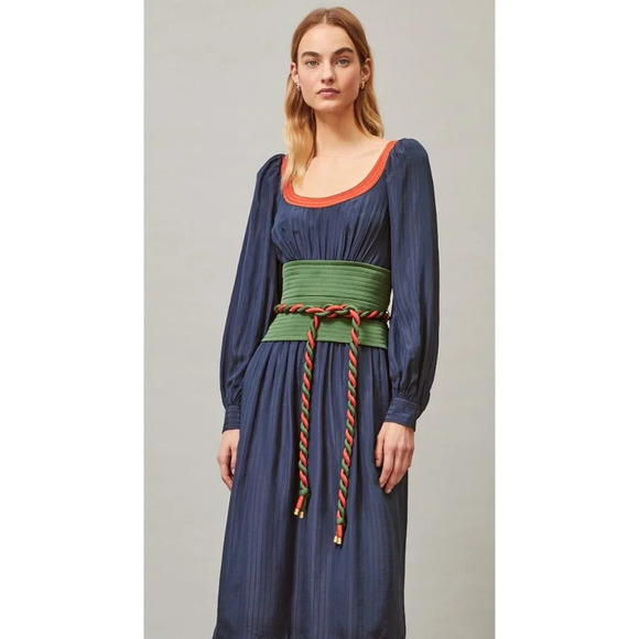 Tory Burch Navy Green Tie-Waist Midi Dress $798 - Picture 3 of 14